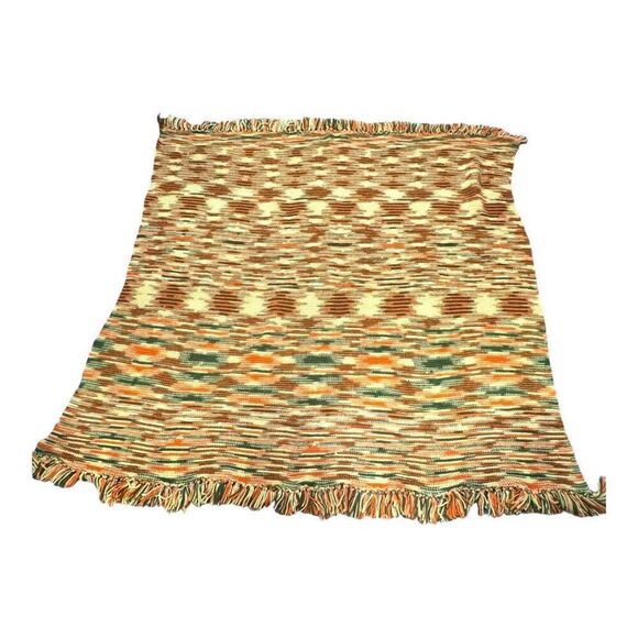 Vintage Afghan Knit Blanket With Fringe 65" Cozy Retro Throw Peach Green Croche - Picture 3 of 4